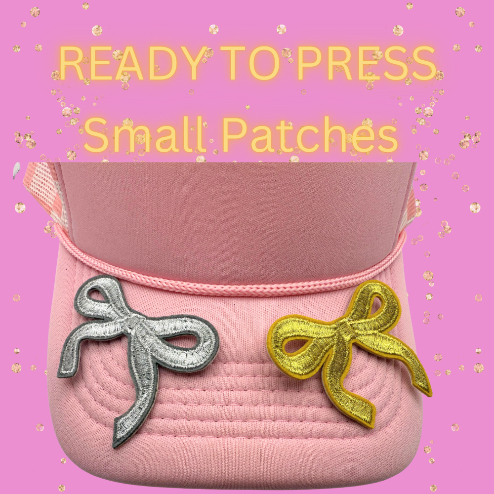 Glitter Bow Embroidery Patches – Silver & Gold | Ready to Press Small Patches for Hats, Bags, & Apparel