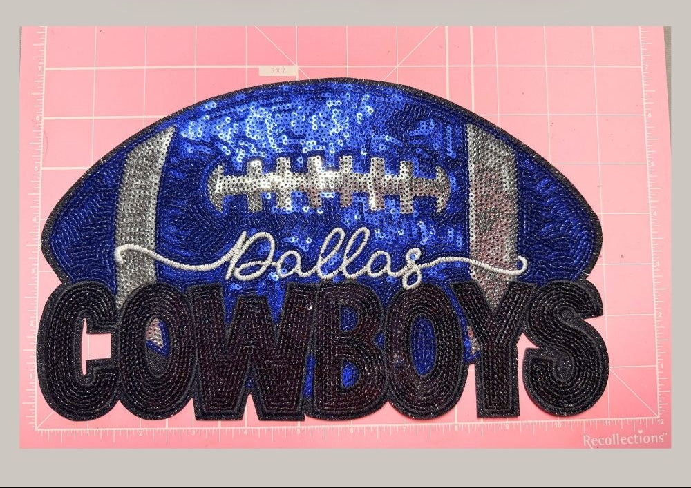 Ready to Press Blue Sequin Football Patches – Sparkly Boutique Heat Press Patch for Sports Fans