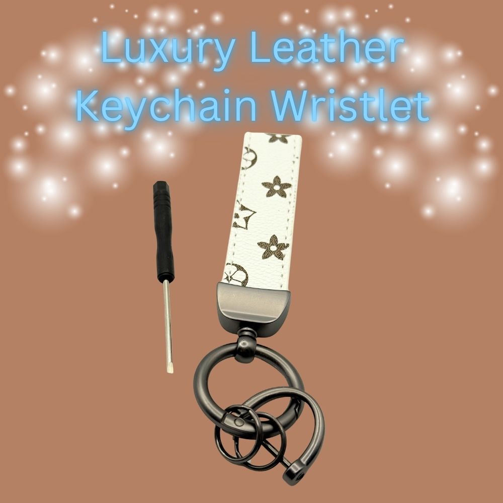 Leather Keychain Wristlet – Monogram Strap Key Ring with Metal Hardware & Mini Screwdriver