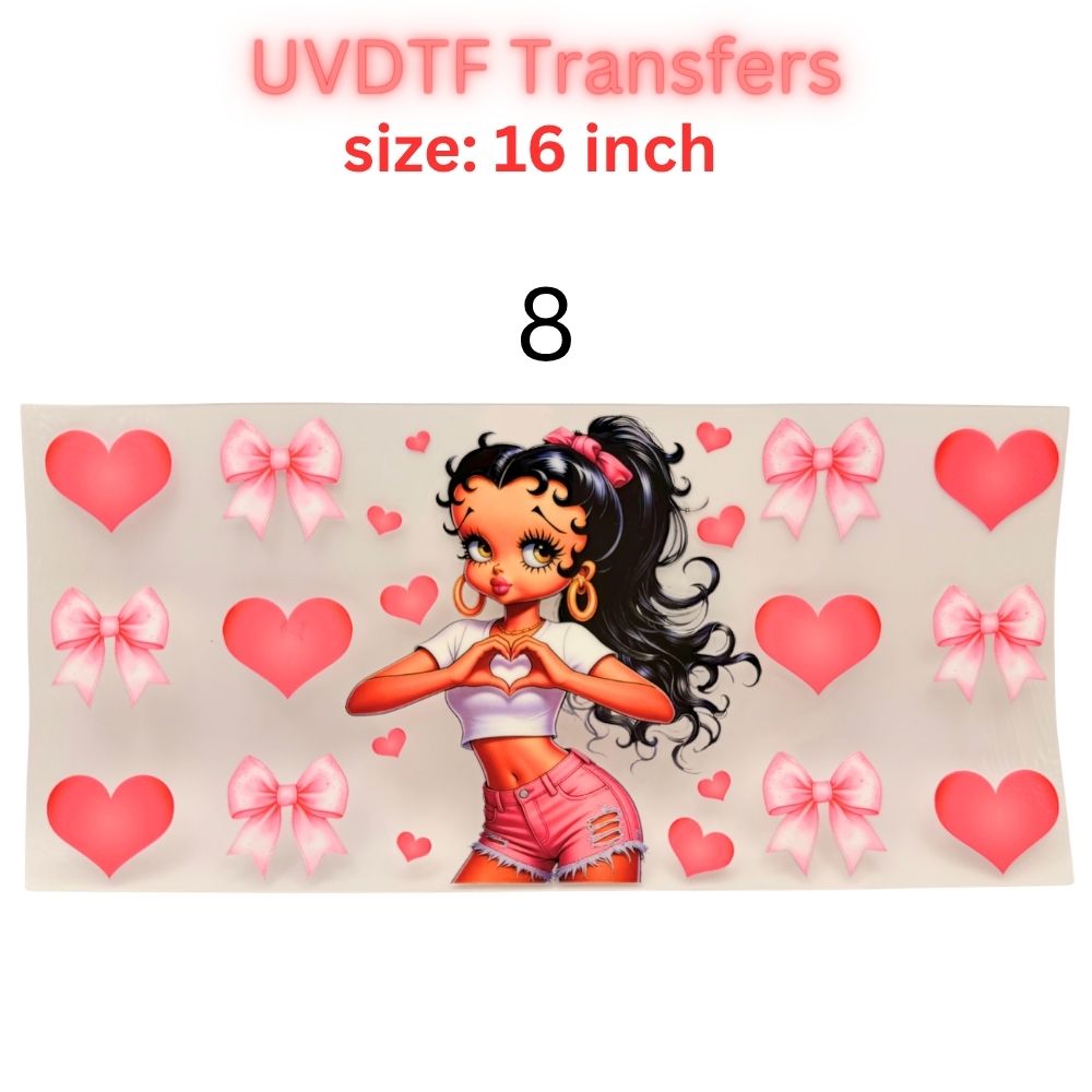 Retro Pin-Up Girl UVDTF Cup Wrap | Cute Heart Aesthetic 16oz Libbey Wrap | Valentine Coquette Tumbler Transfer | Girly Cartoon Decal