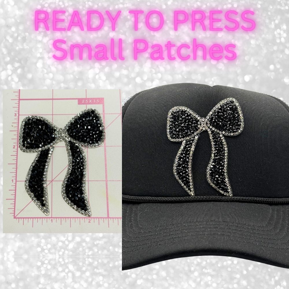 🎀 Rhinestone Bow Ready-to-Press Small Patches Perfect for Hats, Clothing, Bags & Boutique DIY Creations