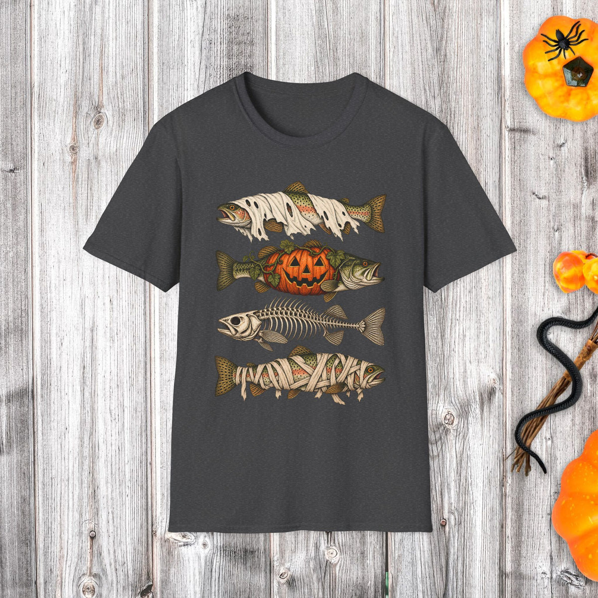 Halloween Fish Skull T-Shirt – Spooky Pumpkin & Fish Bones Fishing Tee