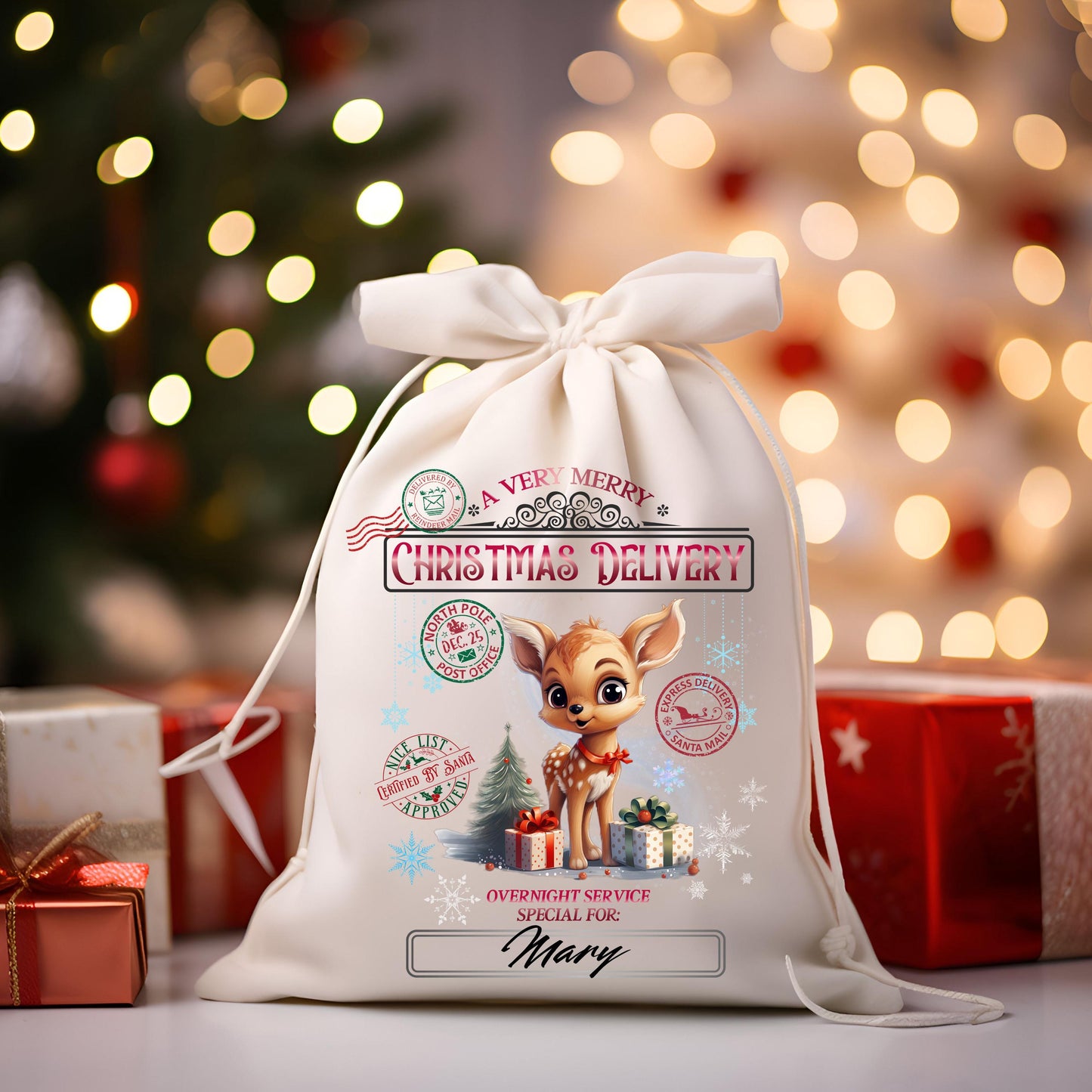 Santa Sack Sublimation Cute Reindeer Design – Christmas Delivery Gift Bag PNG & JPG (20x27 in)