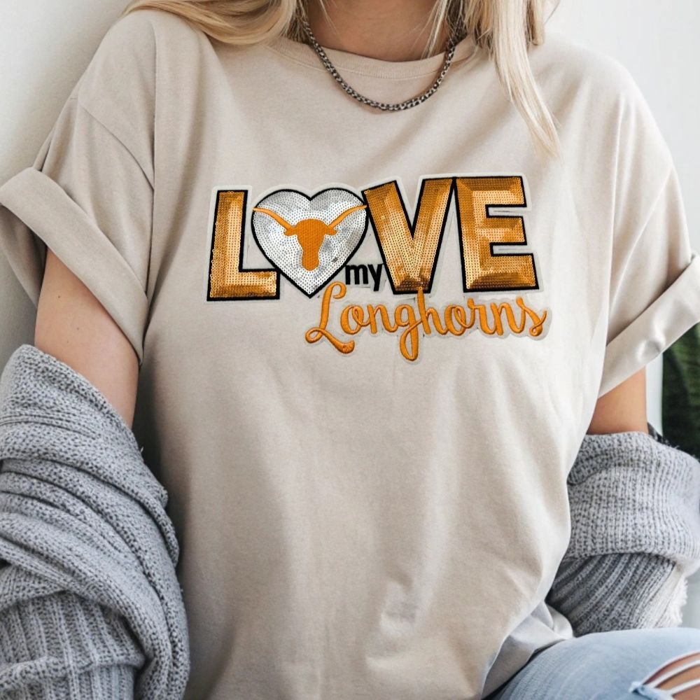 LOVE My Longhorns Sequin Patch – Orange & Silver Glitter Appliqué | Iron-On or Sew-On Sparkle Patch for Jackets, Hoodies, Bags & Game Day Outfits
