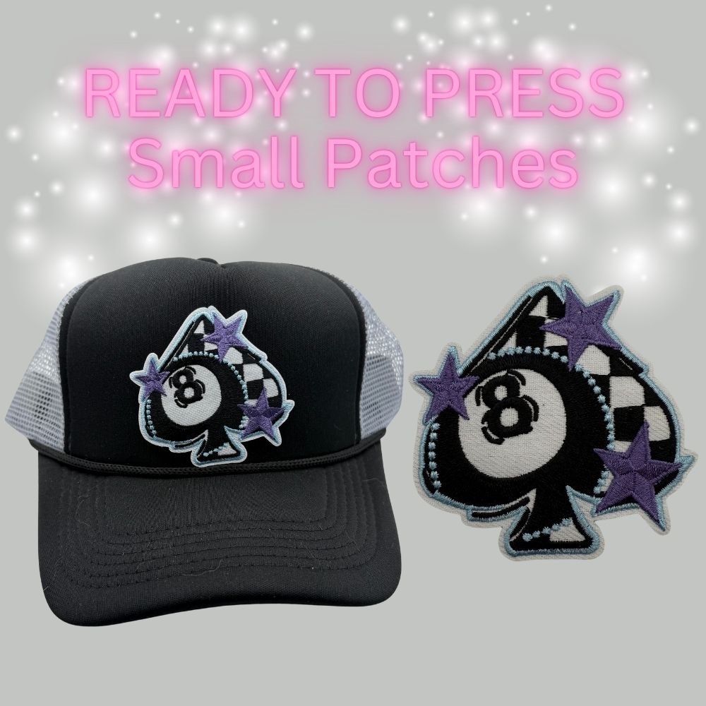 READY TO PRESS Small Patches – “Let’s Keep the Dumbfuckery to a Minimum” & 8 Ball Ace of Spades Design – Iron-On Hat Patches