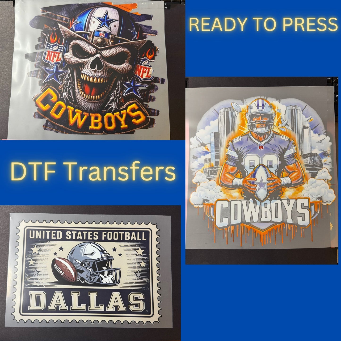Football Fan DTF Transfers – Vintage Stamp, Skull Flames, or Gridiron Warrior