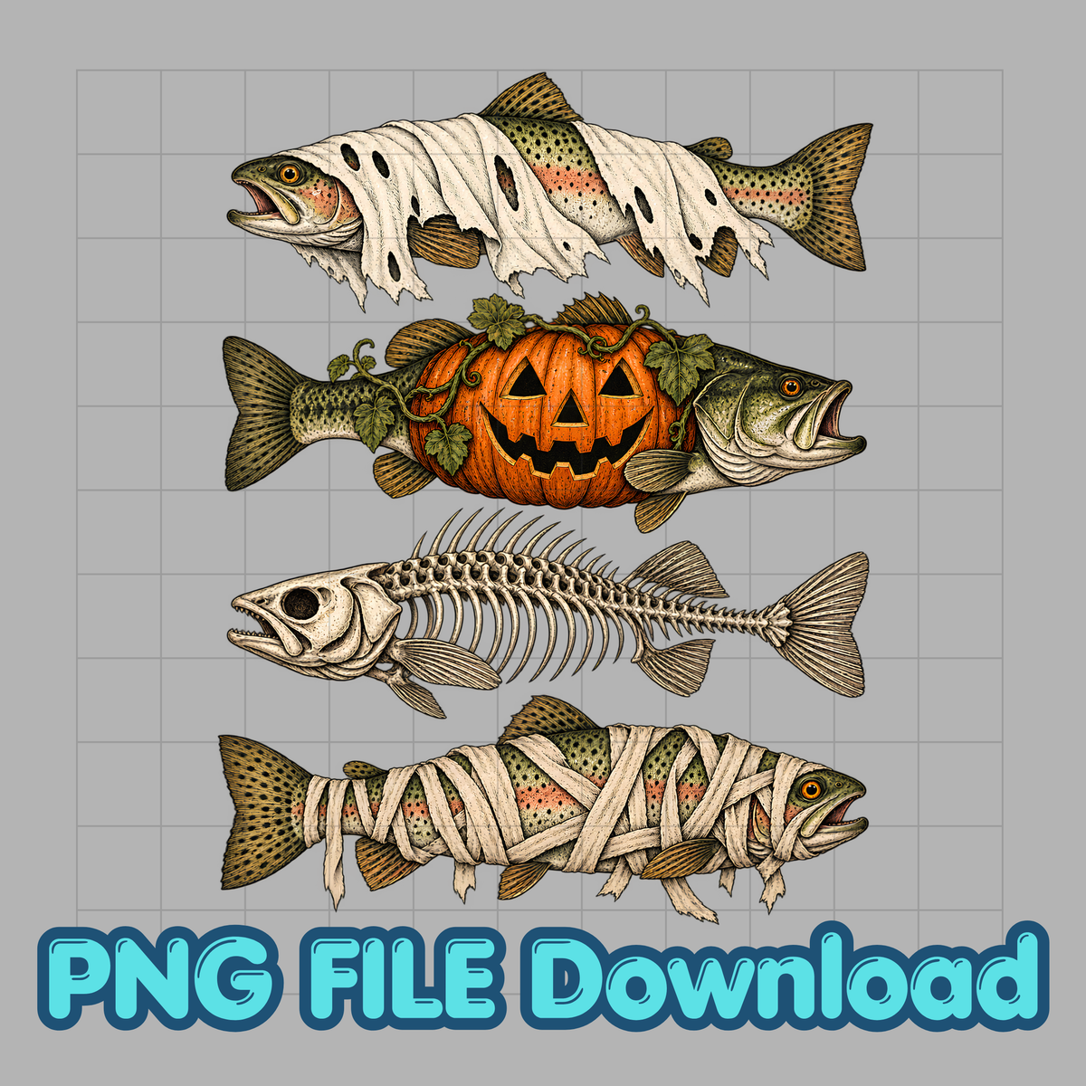 Halloween Fish PNG | Ghost, Pumpkin, Skeleton & Mummy | Digital Download