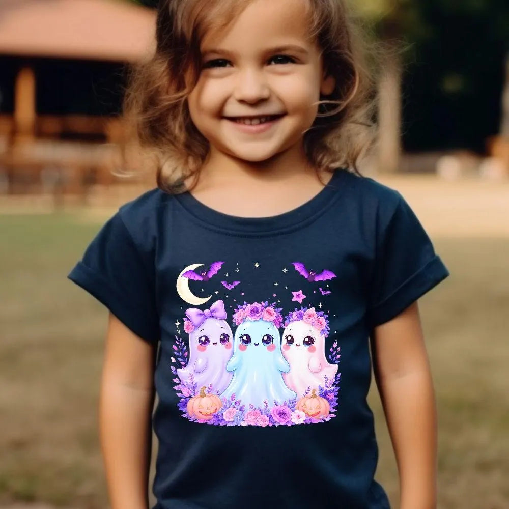 Iridescent Ghost Family DTF Transfer – Coquette Floral Halloween Print | Cute Neon Ghost & Pumpkin Iron-On (8in Kids, 10in Adults)