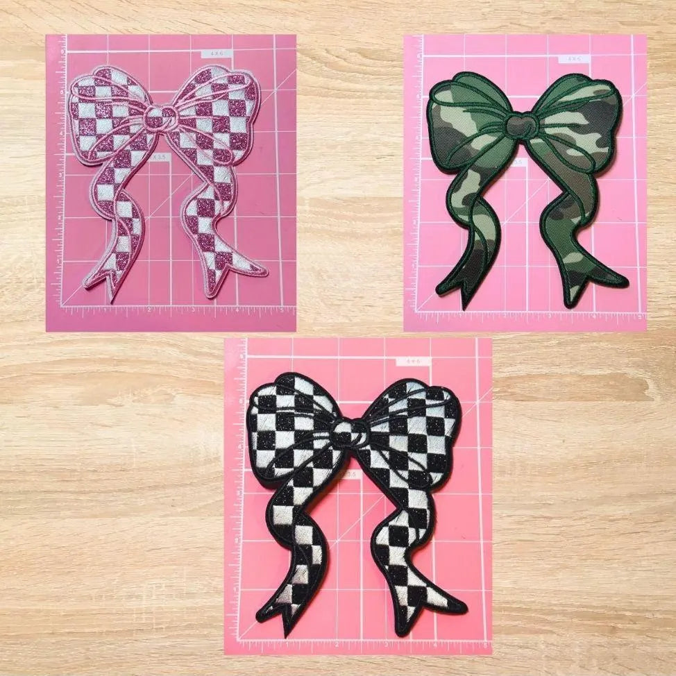 Bow Applique Chenille Patches – Pink Glitter, Black Checkered & Camo Iron-On Appliques (5.5 x 4.6 in) Ready to Press