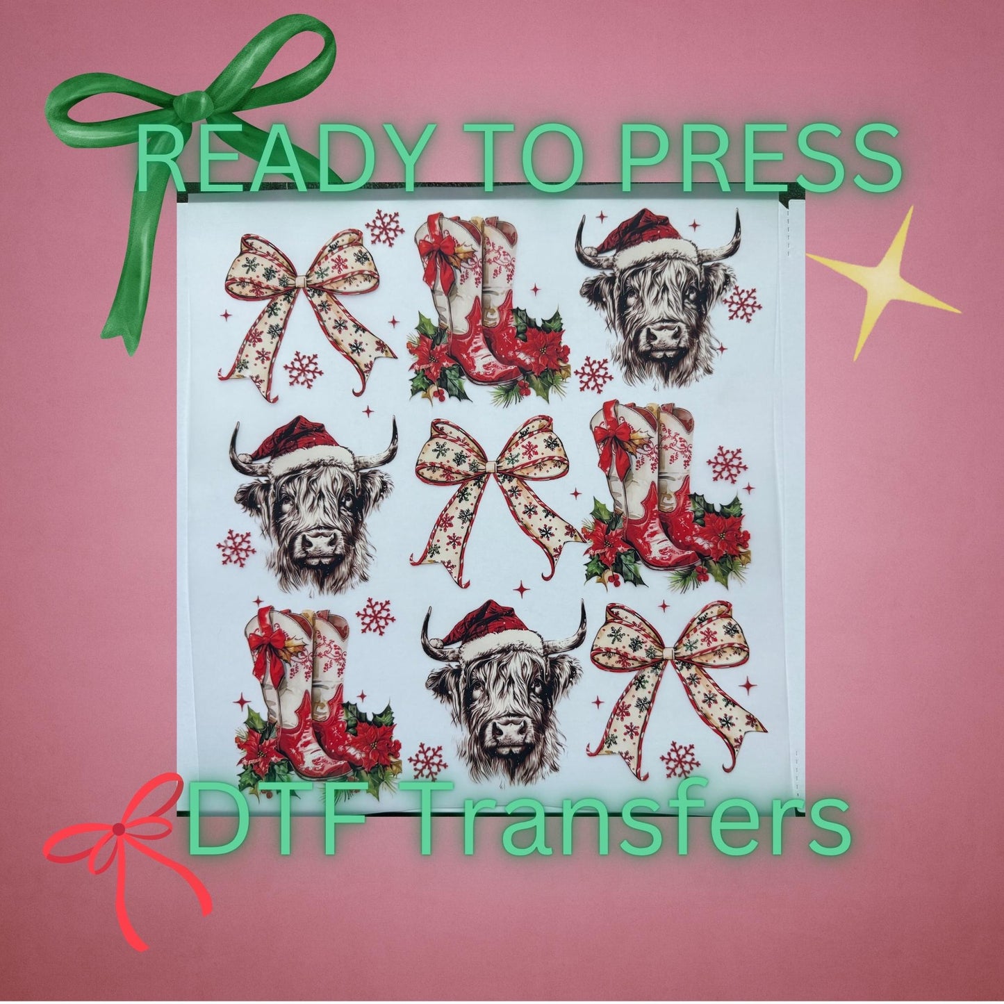 Vintage Christmas Highland Cow DTF Transfer – Bow & Boots Holiday Heat Press Design