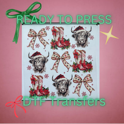 Vintage Christmas Highland Cow DTF Transfer – Bow & Boots Holiday Heat Press Design