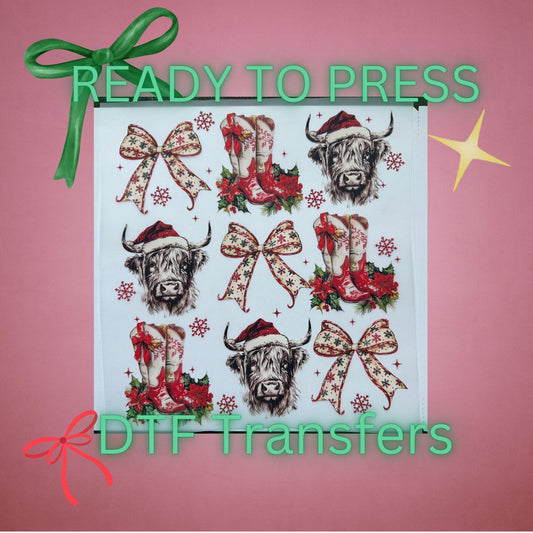 Vintage Christmas Highland Cow DTF Transfer – Bow & Boots Holiday Heat Press Design