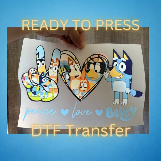 Blue Love Family DTF Transfer/Print Blue Dog and Sister Bingo Peace Love. DTF Ready to Heat Press. 12 inch