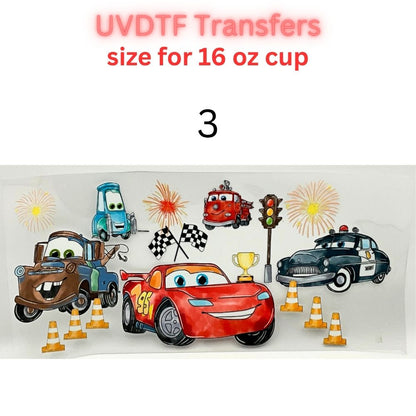 Kids Racing Cartoon UV DTF Cup Wrap Transfers | Retro Race Car Inspired Designs | 16 oz Libby Cup Decals