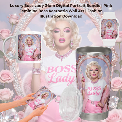 Luxury Boss Lady Glam Digital Portrait Bundle | Pink Feminine Boss Aesthetic Wall Art | Fashion Illustration Download