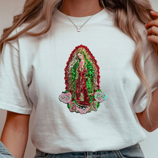 Virgin of Guadalupe Sequin Patch – Religious Iron-On Applique (6x9 & 7x9 in) Ready to Press