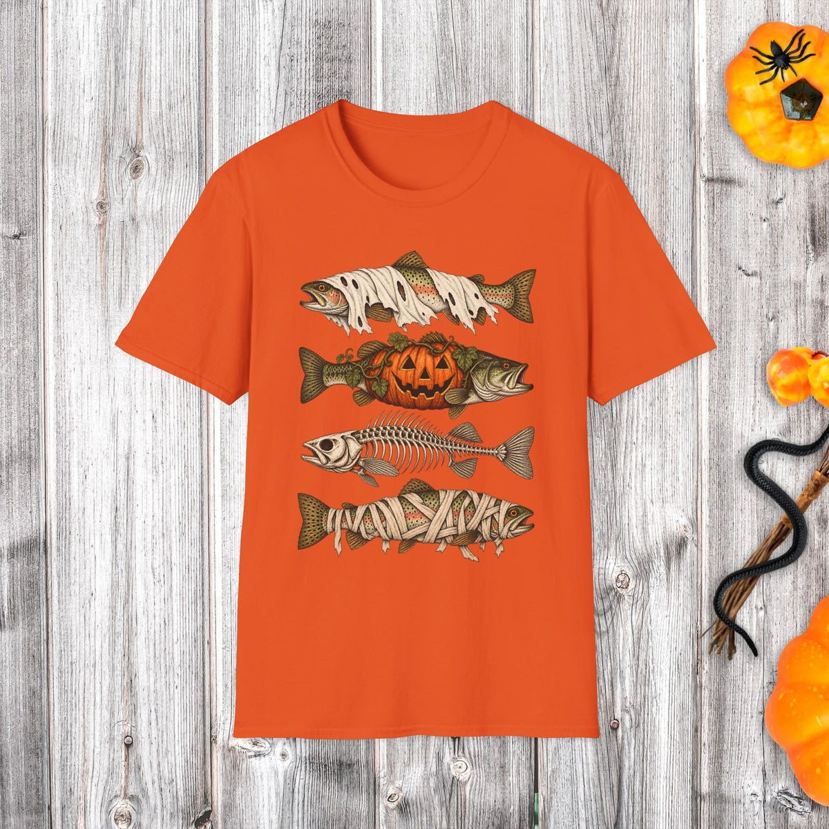 Halloween Fish Skull T-Shirt – Spooky Pumpkin & Fish Bones Fishing Tee