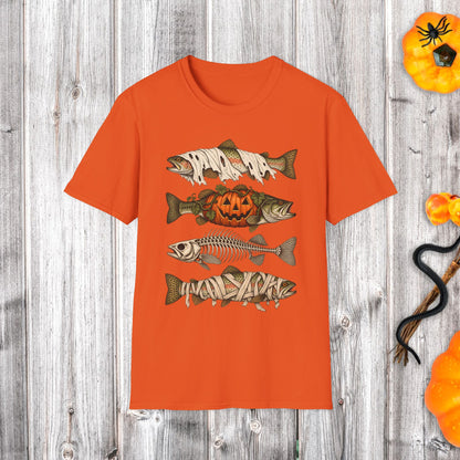 Halloween Fish Skull T-Shirt – Spooky Pumpkin & Fish Bones Fishing Tee