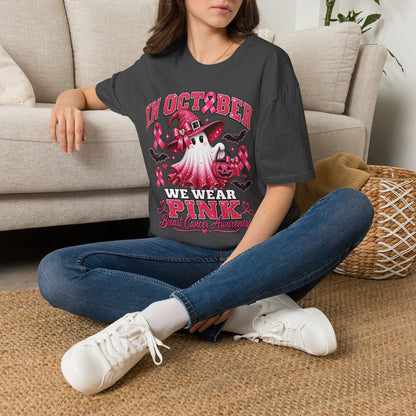 October Breast Cancer Awareness T-Shirt — Pink Ribbon Ghost Halloween Tee