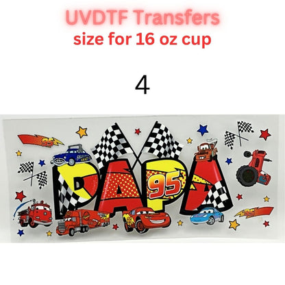 Kids Racing Cartoon UV DTF Cup Wrap Transfers | Retro Race Car Inspired Designs | 16 oz Libby Cup Decals