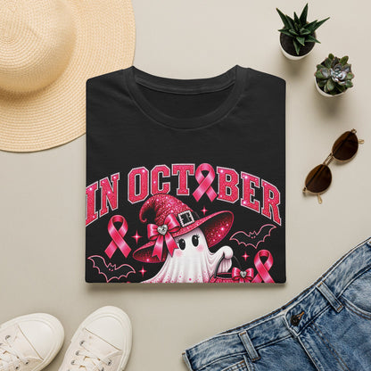 October Breast Cancer Awareness T-Shirt — Pink Ribbon Ghost Halloween Tee