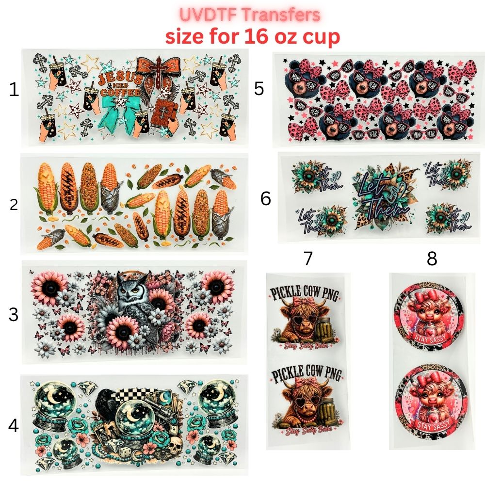 UV DTF Cup Wraps – 16 oz - Jesus & Iced Coffee, Roasted Corn, Floral Owl, Mystic Crystal Ball, Cows