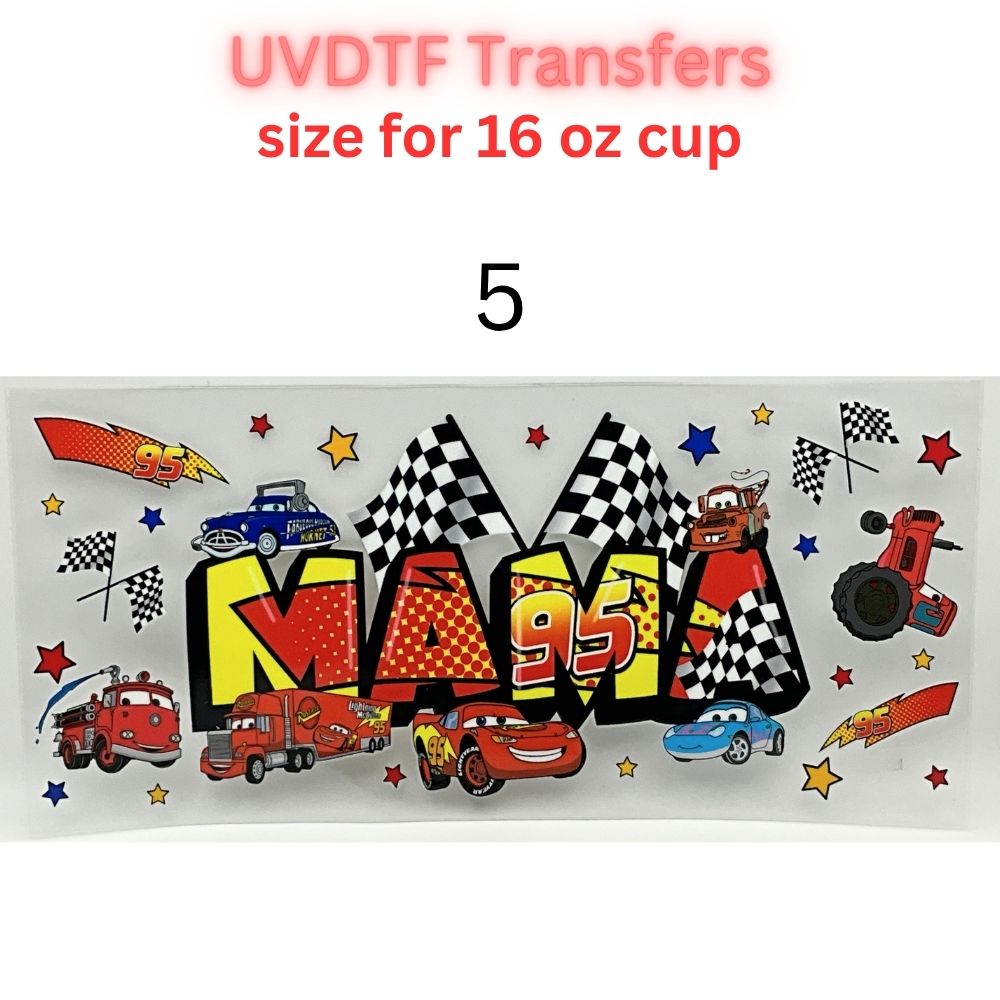Kids Racing Cartoon UV DTF Cup Wrap Transfers | Retro Race Car Inspired Designs | 16 oz Libby Cup Decals