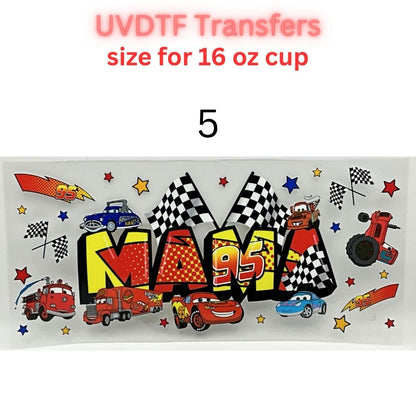 Kids Racing Cartoon UV DTF Cup Wrap Transfers | Retro Race Car Inspired Designs | 16 oz Libby Cup Decals