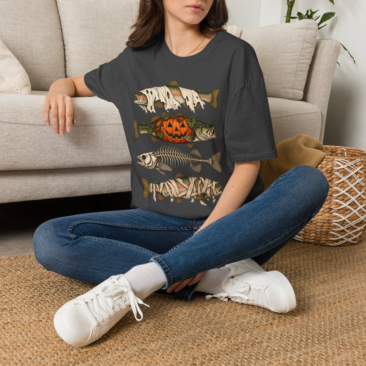 Halloween Fish Skull T-Shirt – Spooky Pumpkin & Fish Bones Fishing Tee