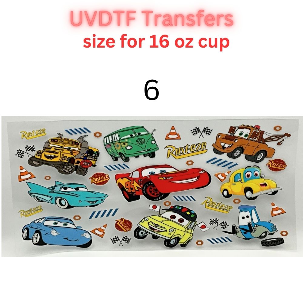 Kids Racing Cartoon UV DTF Cup Wrap Transfers | Retro Race Car Inspired Designs | 16 oz Libby Cup Decals