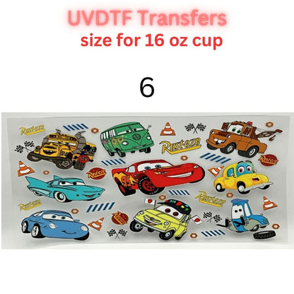 Kids Racing Cartoon UV DTF Cup Wrap Transfers | Retro Race Car Inspired Designs | 16 oz Libby Cup Decals