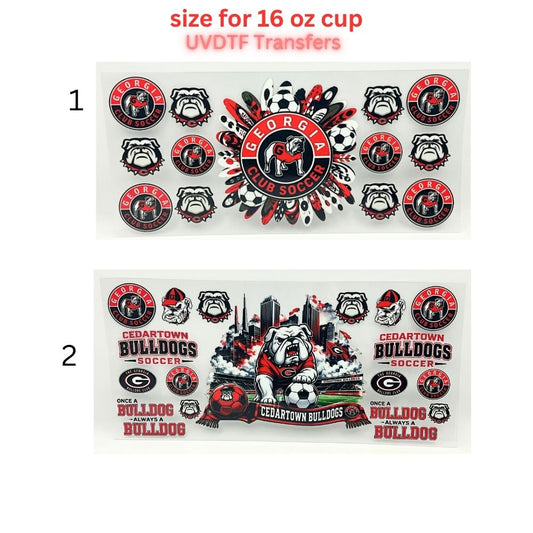 Sports Bulldog Soccer UV DTF Cup Wrap | 16 oz Tumbler Decal | Red & Black Mascot-Inspired Waterproof Transfer