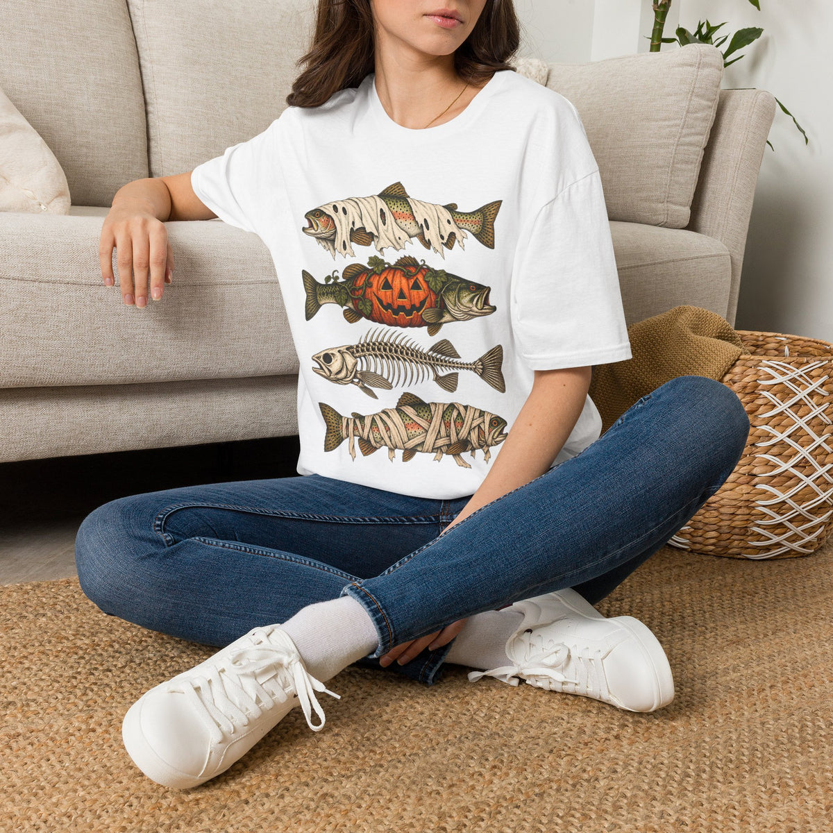 Halloween Fish Skull T-Shirt – Spooky Pumpkin & Fish Bones Fishing Tee
