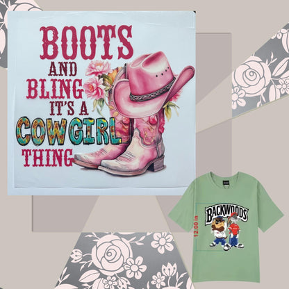 Boots and Bling It’s a Cowgirl Thing DTF Transfer – Western Vibe Ready to Press Heat Transfer