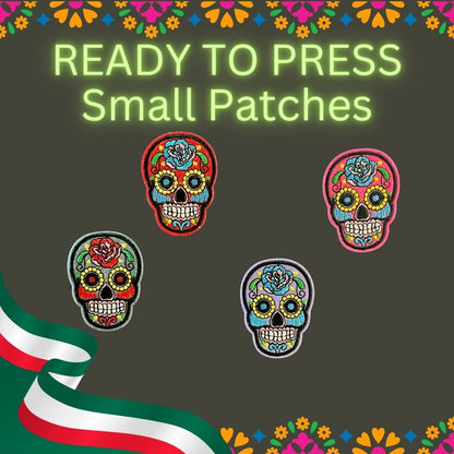 💀 READY TO PRESS Small Sugar Skull Patches | Día de los Muertos Embroidered Iron-On Appliqués