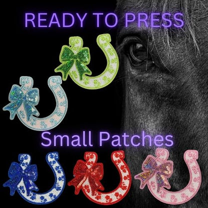 Glitter Horseshoe with Bow Patches – Ready to Press Small Iron-On Appliques (Multiple Colors)