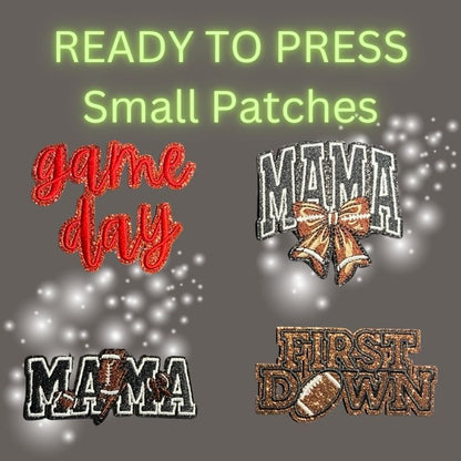 🏈 READY TO PRESS Small Patches | Game Day • Mama • First Down Football Embroidered Iron-On Patches