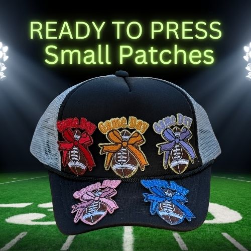 Game Day Bow Football Patches – Ready to Press Iron-On Embroidery for Hats, Jackets & Bags