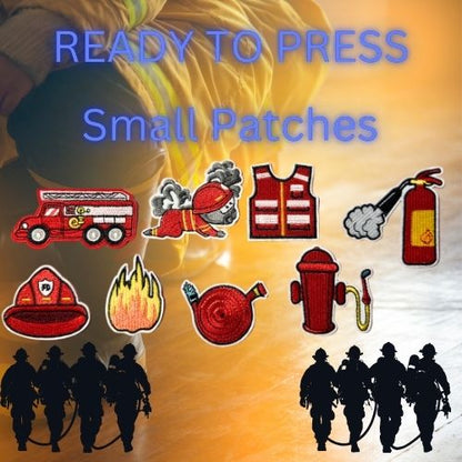 Firefighter Patches – Ready to Press Small Iron-On Embroidery Appliques (Fire Truck, Helmet, Flames & More)