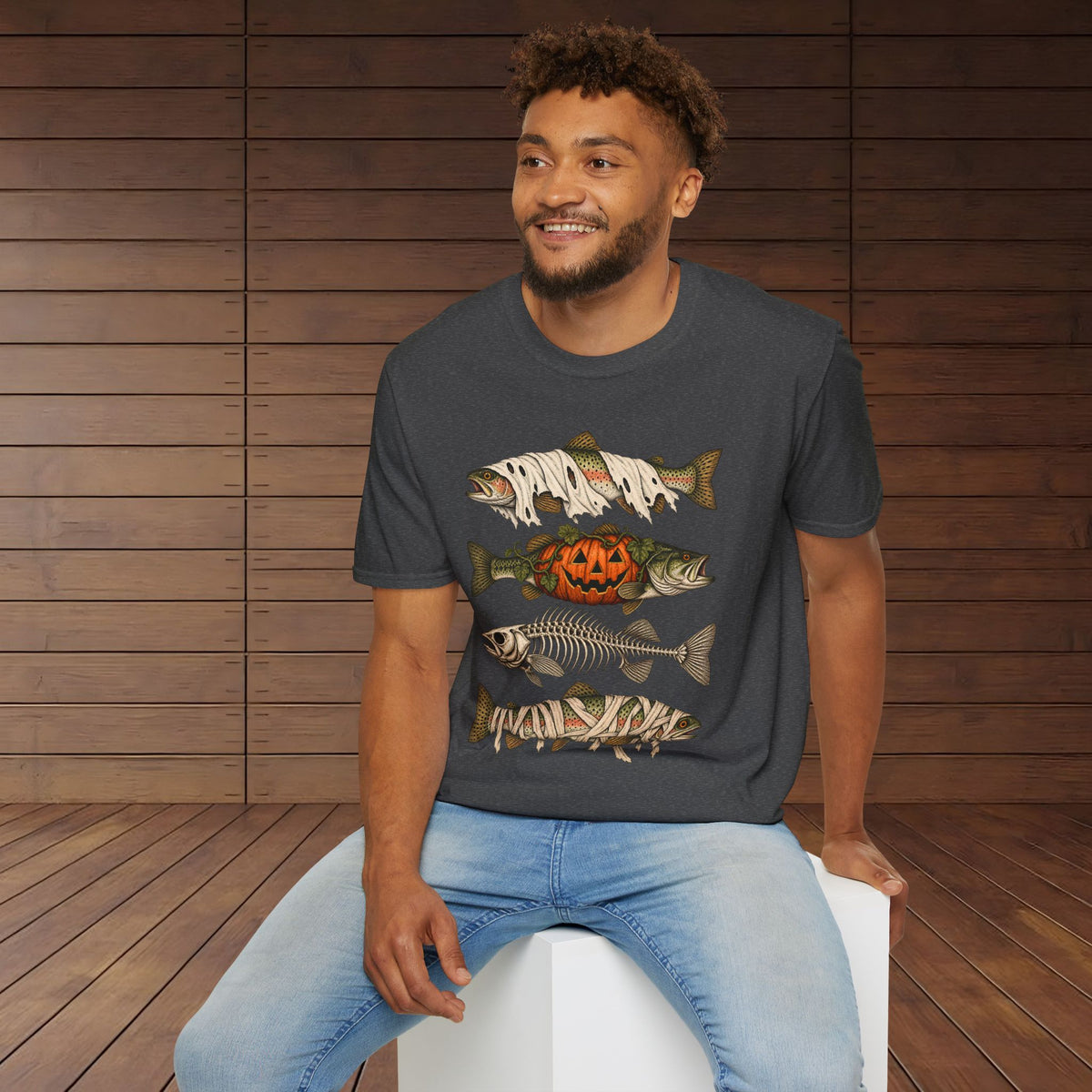 Halloween Fish Skull T-Shirt – Spooky Pumpkin & Fish Bones Fishing Tee
