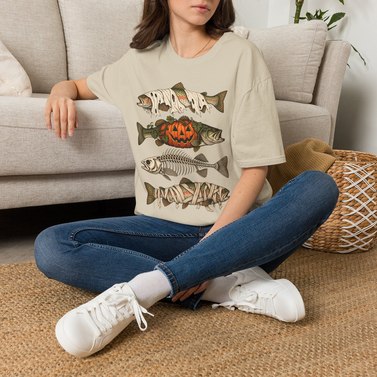 Halloween Fish Skull T-Shirt – Spooky Pumpkin & Fish Bones Fishing Tee