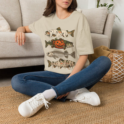 Halloween Fish Skull T-Shirt – Spooky Pumpkin & Fish Bones Fishing Tee