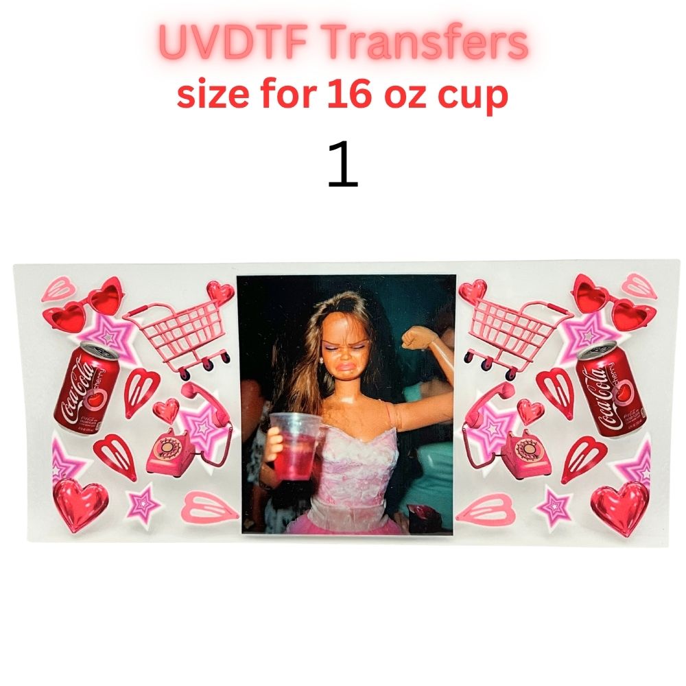 Pink Retro Coquette Vibes UV DTF Cup Wrap – 16 oz Glass Can Transfer – Trendy Hearts, Stars & Vintage Phone Design