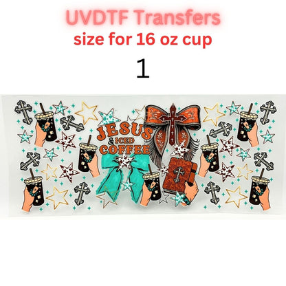 UV DTF Cup Wraps – 16 oz - Jesus & Iced Coffee, Roasted Corn, Floral Owl, Mystic Crystal Ball, Cows