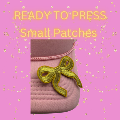 Glitter Bow Embroidery Patches – Silver & Gold | Ready to Press Small Patches for Hats, Bags, & Apparel