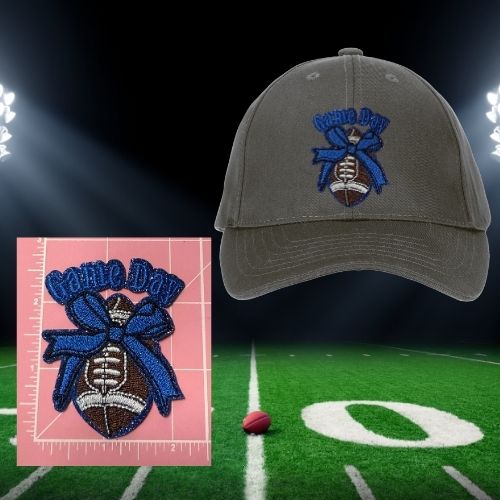 Game Day Bow Football Patches – Ready to Press Iron-On Embroidery for Hats, Jackets & Bags