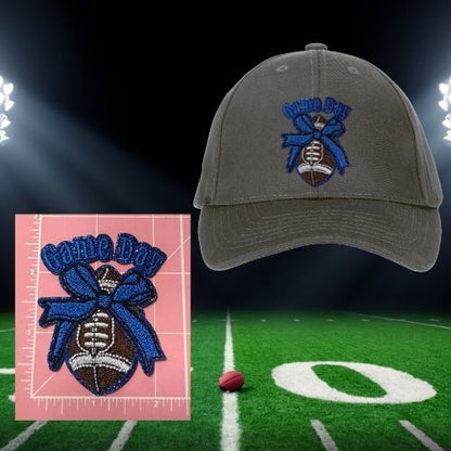 Game Day Bow Football Patches – Ready to Press Iron-On Embroidery for Hats, Jackets & Bags