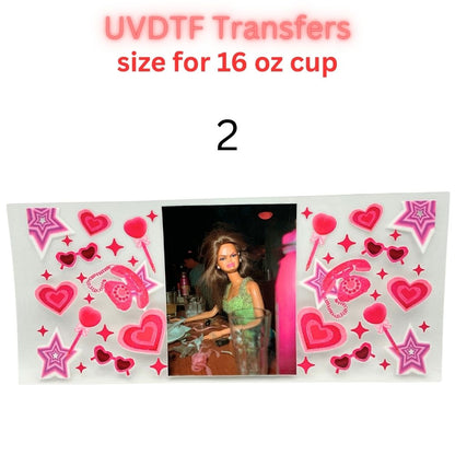 Pink Retro Coquette Vibes UV DTF Cup Wrap – 16 oz Glass Can Transfer – Trendy Hearts, Stars & Vintage Phone Design