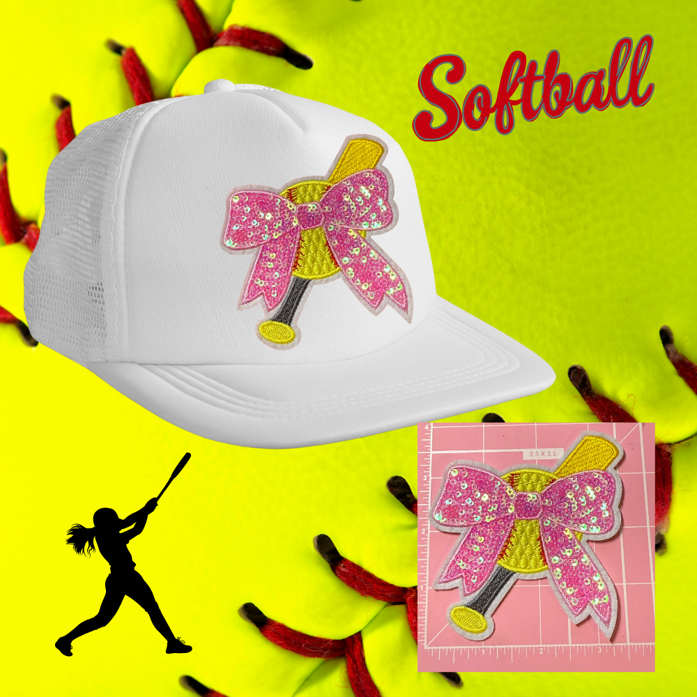 Softball Bow Sequin Patch – Ready to Press Small Heat Transfer Patch for Hats, Jackets, and Bags