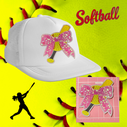 Softball Bow Sequin Patch – Ready to Press Small Heat Transfer Patch for Hats, Jackets, and Bags